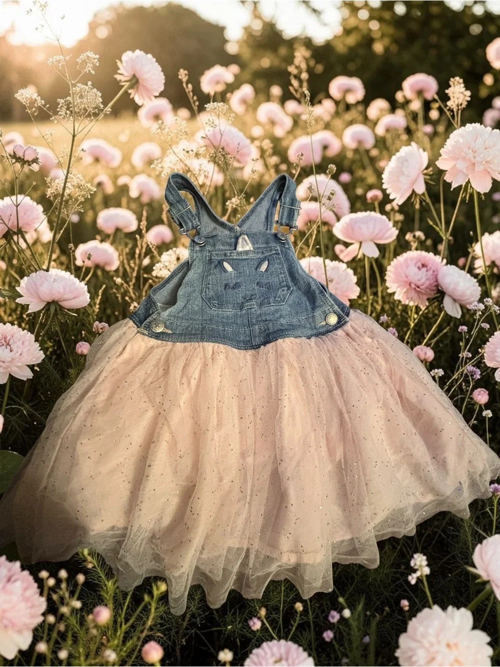 OshKosh B'gosh Denim Unicorn Tulle Romper / Overall dress- Blue and Pink